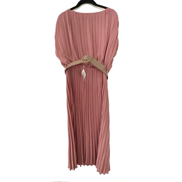 ZARA Rose Pink Marsala Pleated Midi Belted Dress Size Large NWT - Picture 4 of 10